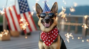 a happy dog wearing a festive bandana and hat in sunclasses with the American flag and fireworks in the distance