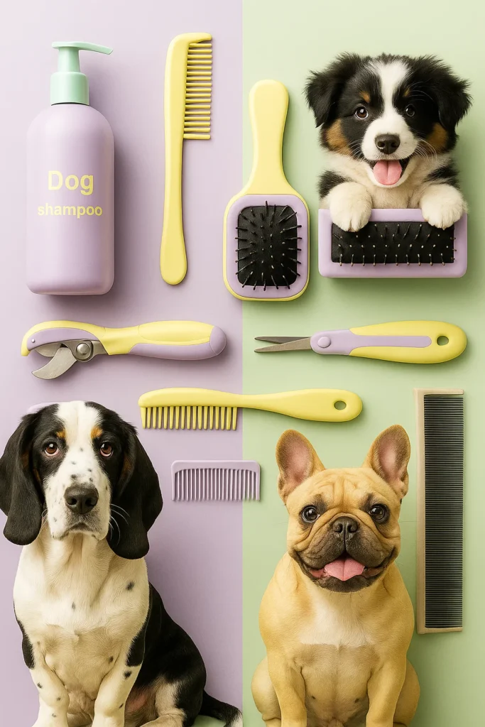 basic dog grooming supplies such as brushes, combs, shampoos, and scissors
