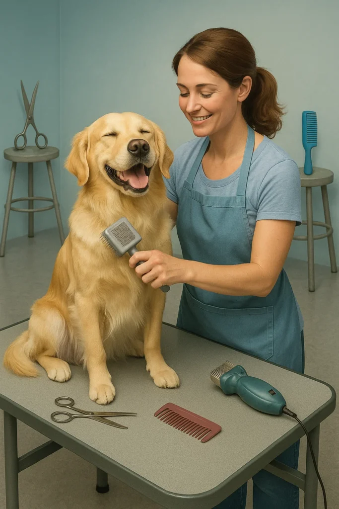 a women brushing a golden retriever on a grooming table. Dog looks very happy. There are several grooming items on the table such as scissors, combs, and clippers.