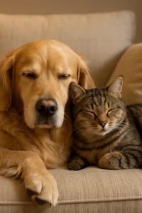 a calm and cozy dog snuggling on the coach with a calm and cozy cat