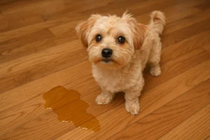 small dog on wood floor with urine accident next to them