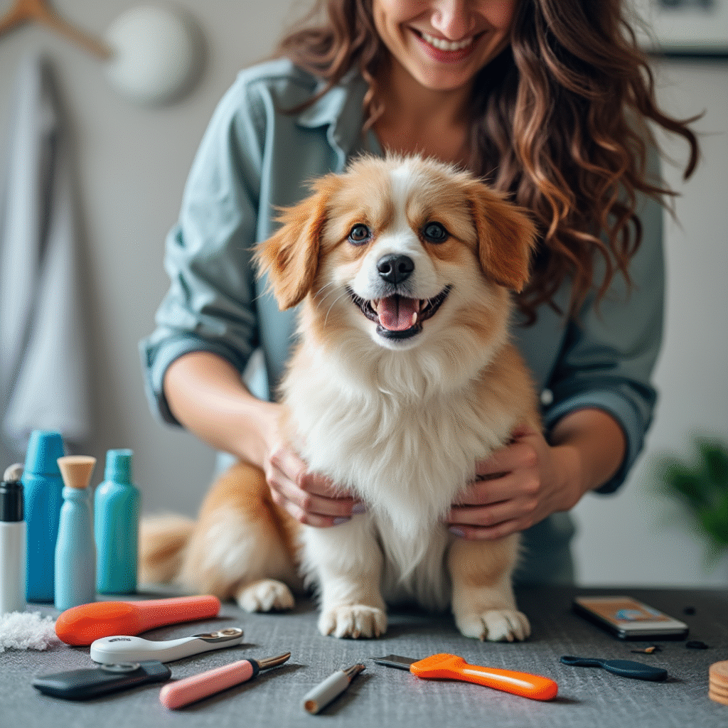 a women holding a small dog on a grooming table with several dog grooming tools spread out in front of her