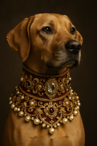 beautiful large brown short hair dog wear extravagant collar made of pearls and gems