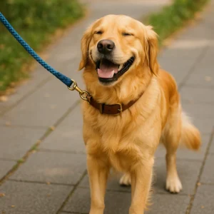 a happy looking fluffy yellow dog standing on the sidewalk with a blue leash attached at the collar.